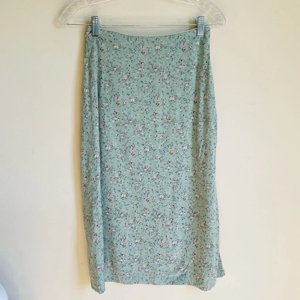 Brandy Melville Green Floral Midi Side Slit Skirt OS